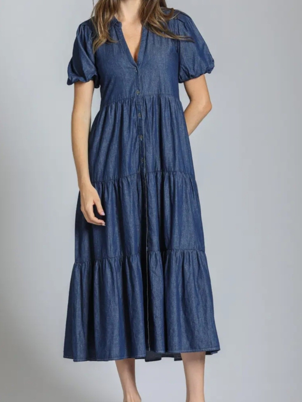 DRAPER'S & DAMON'S Denim Tiered Button-Front Midi Dress - Blue Size PL